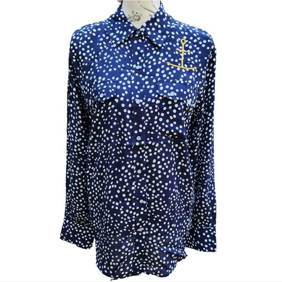 Free People -652 Sandrine Rose Navy Polka Dot Anchor button down shirt Small - Picture 1 of 9